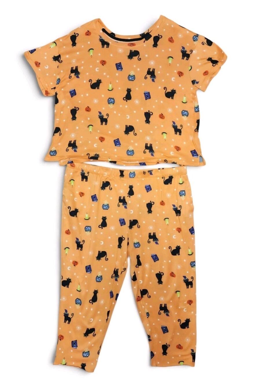 Orange Black Cat Halloween Pajamas Raw Hem Cropped Pants & Top Sleep Set 2X